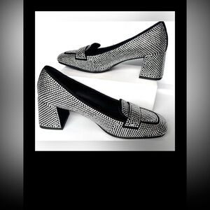 Bibi Lou Rhinestone Loafers Block Heels in Silver & Black EU size 39 = US 8.5
